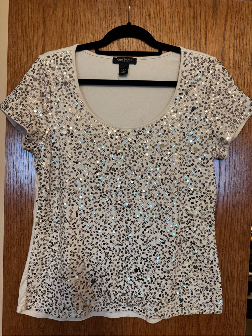White House Black Market White Sequin Scoop Neck Short Sleeve Top
